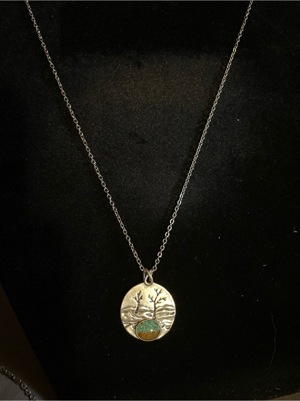 Silver Tree Pendant Necklace with Turquoise Accent